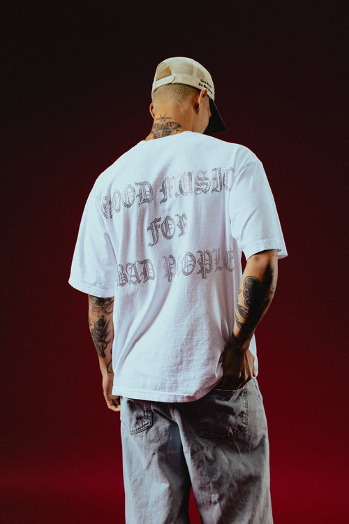 Good Music For Bad People Rhinestone Tee (White)