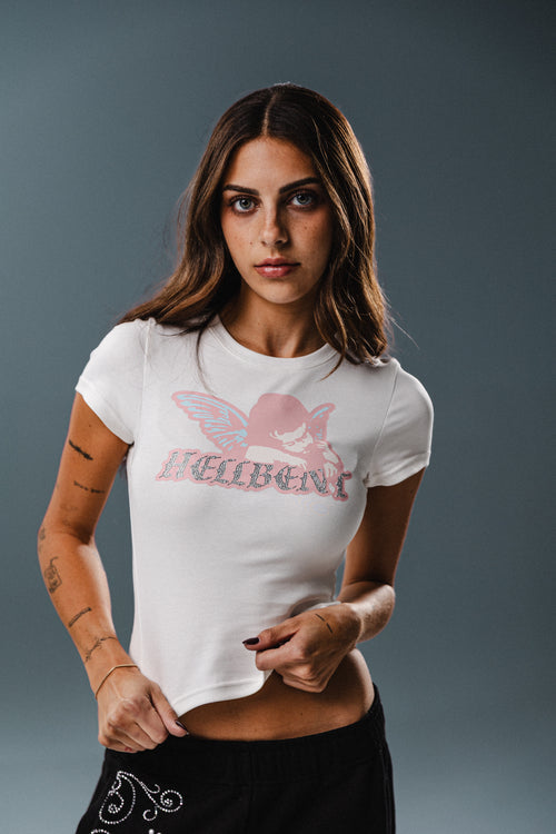 Hellbent Angel Rhinestone Baby Tee (White)