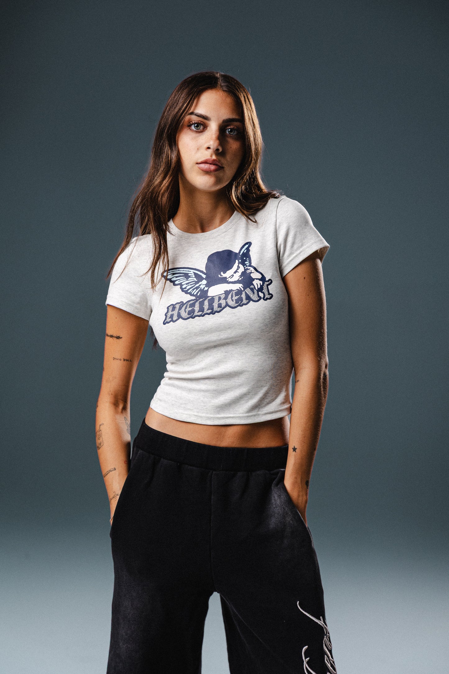 Hellbent Angel Rhinestone Baby Tee (Heather Grey)