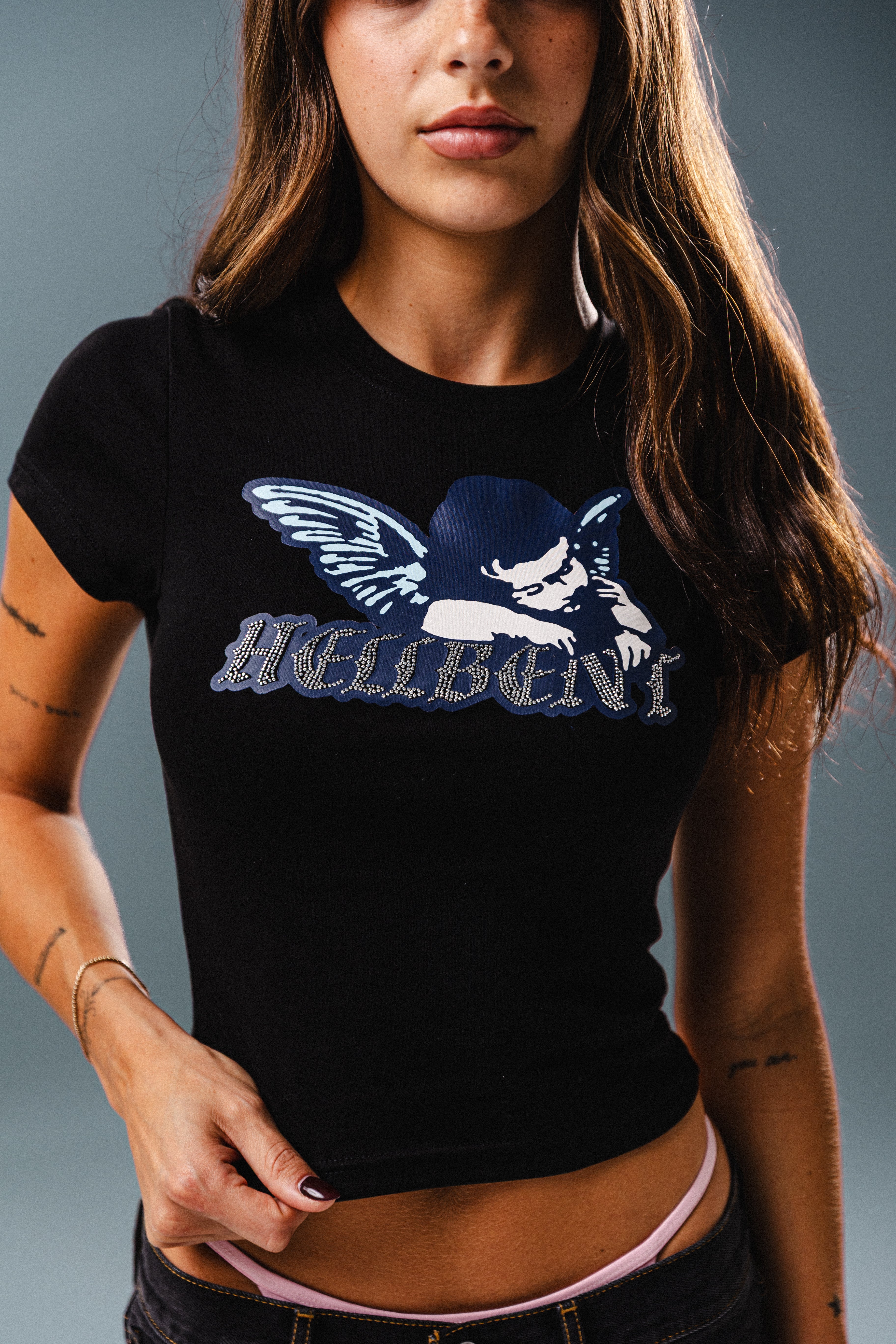 Hellbent Angel Rhinestone Baby Tee (Black) – Hellbent Records