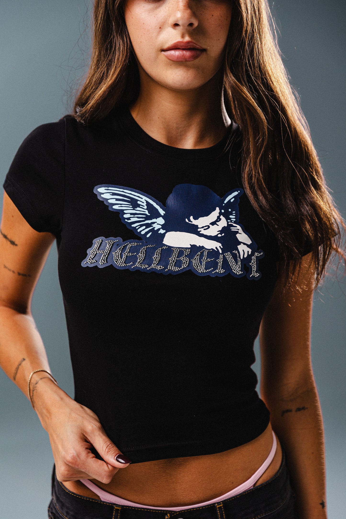 Hellbent Angel Rhinestone Baby Tee (Black)